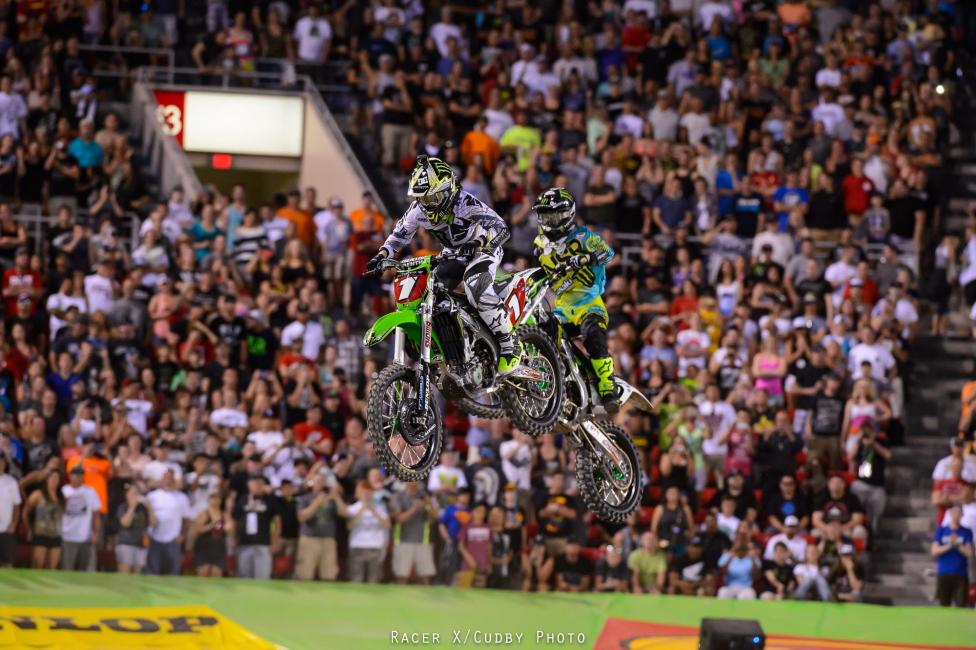 In the 450SX main, two Monster Energy Kawasaki’s raced into the building first, Jake Weimer followed by Ryan Villopoto. Soon Villopoto knifed inside and you know what was coming next….RV led all 20 laps. That's 80-straight laps led to end the season!