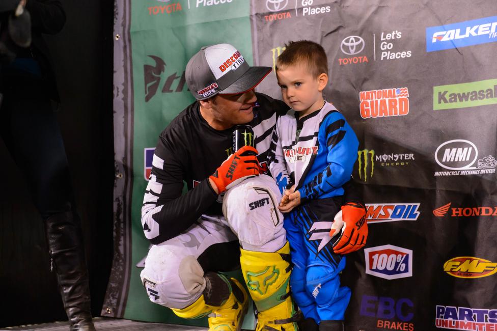 Chad Reed shares a special moment with his son, Tate, after his first win of the season at A2.  