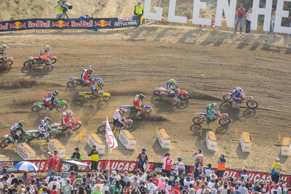 It was all Red Bull KTM on the second 450 moto start.Photo: Cudby