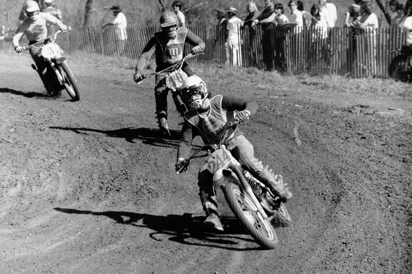 Not sure who the man leading is, but following are Montesa factory rider Peter Lamppuu (10) and the Suzuki factory rider Rich Thorwaldson (3), both of whom have since passed.