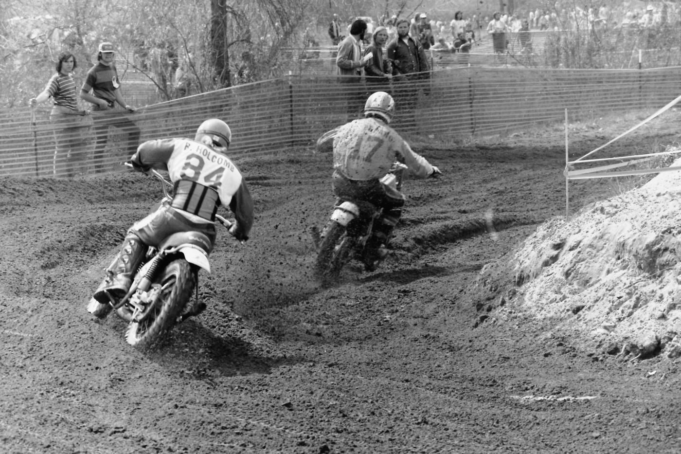 CZ rider Tony DiStefano leads Bultaco's ace Bryar Holcomb, who is still at work today at Factory Effex!