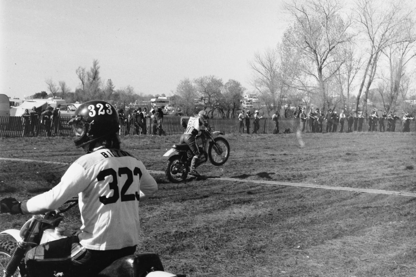 That's Bryar Holcomb practicing starts on his Bultaco. He would finish fifth overall in the 500 class.
