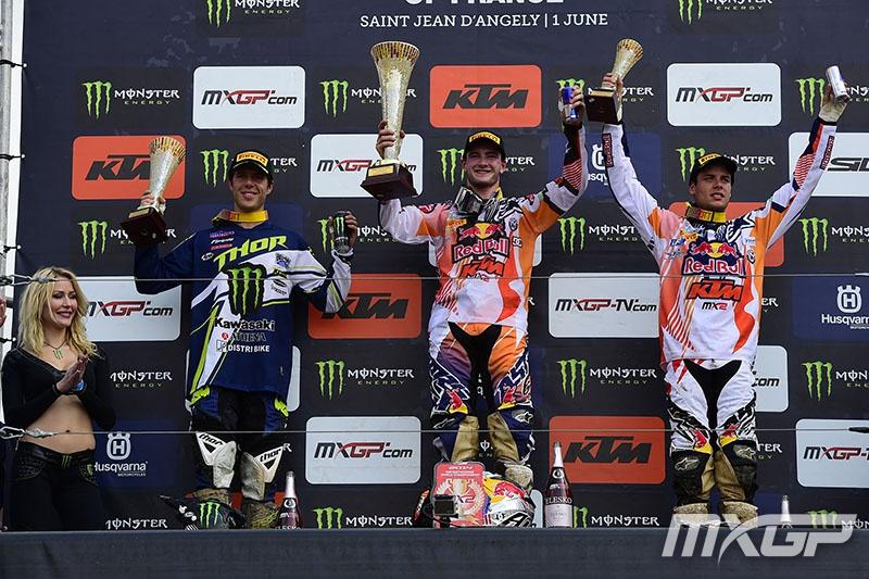 Tonus (left) and Jordi Tixier completed the MX2 podium.  