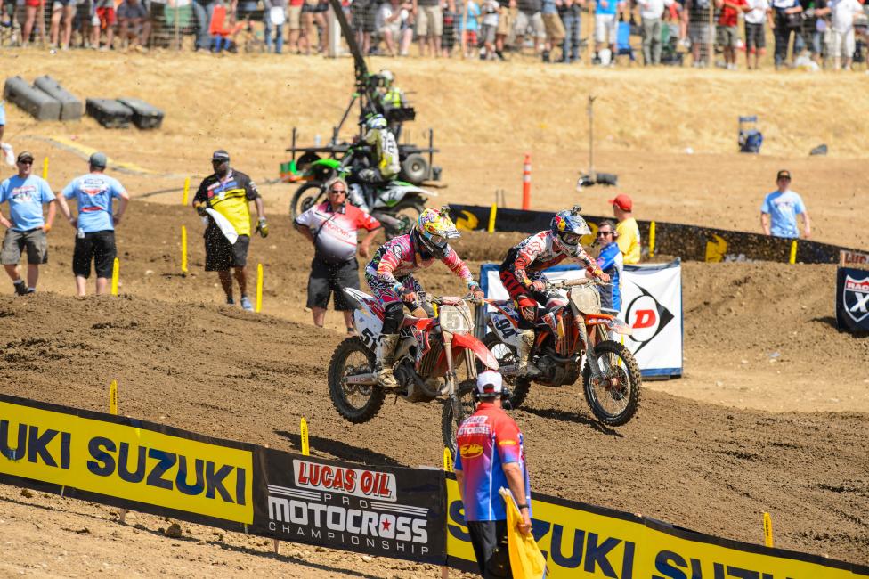 Justin Barcia and Ken Roczen battle for the lead in the second moto of the GoPro Hangtown National last Saturday.  