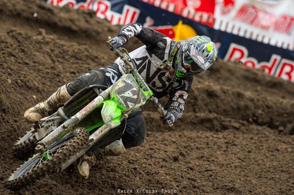 Monster Energy Kawasaki's Jake Weimer was fast today, but a crash in the second moto while battling with Brett Metcalfe and Josh Grant knocked him back to twelfth in the moto and tenth overall.