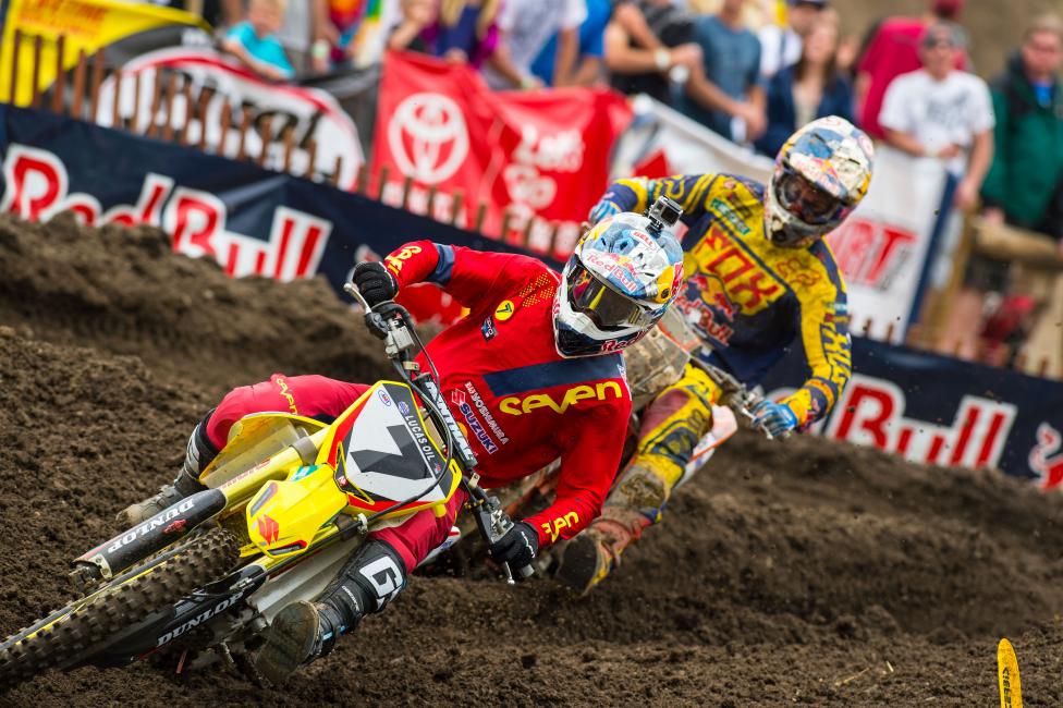 James Stewart (7) held off Ryan Dungey and Ken Roczen in the first moto to capture his first moto win of the season.  