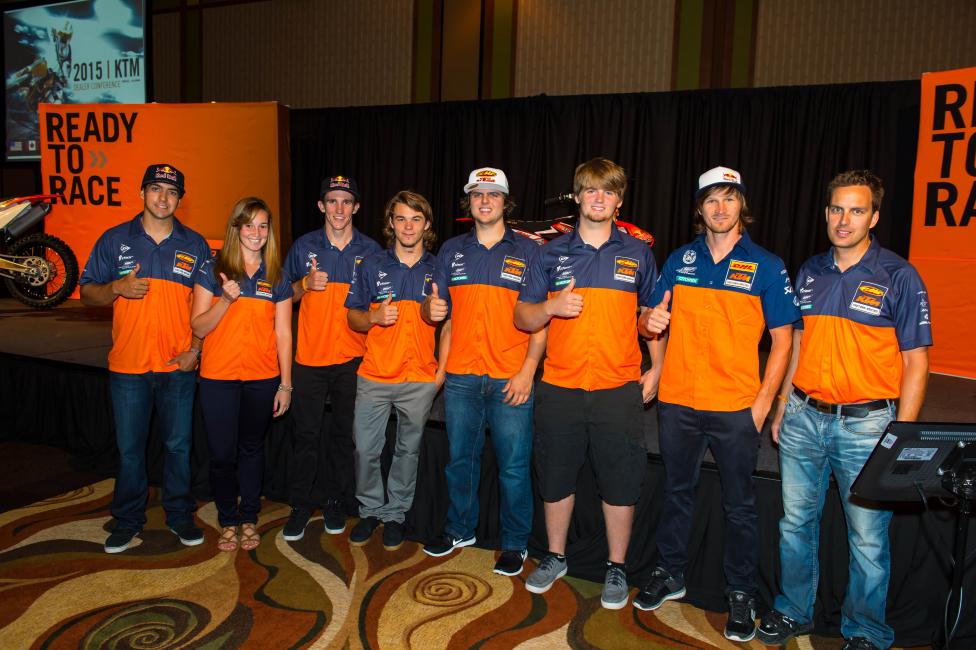 The factory off-road team, (L-R) Ramirez, Martinez, Robert, Russell, BaylorX2, Taddy and Team Manager Antti Kallonen