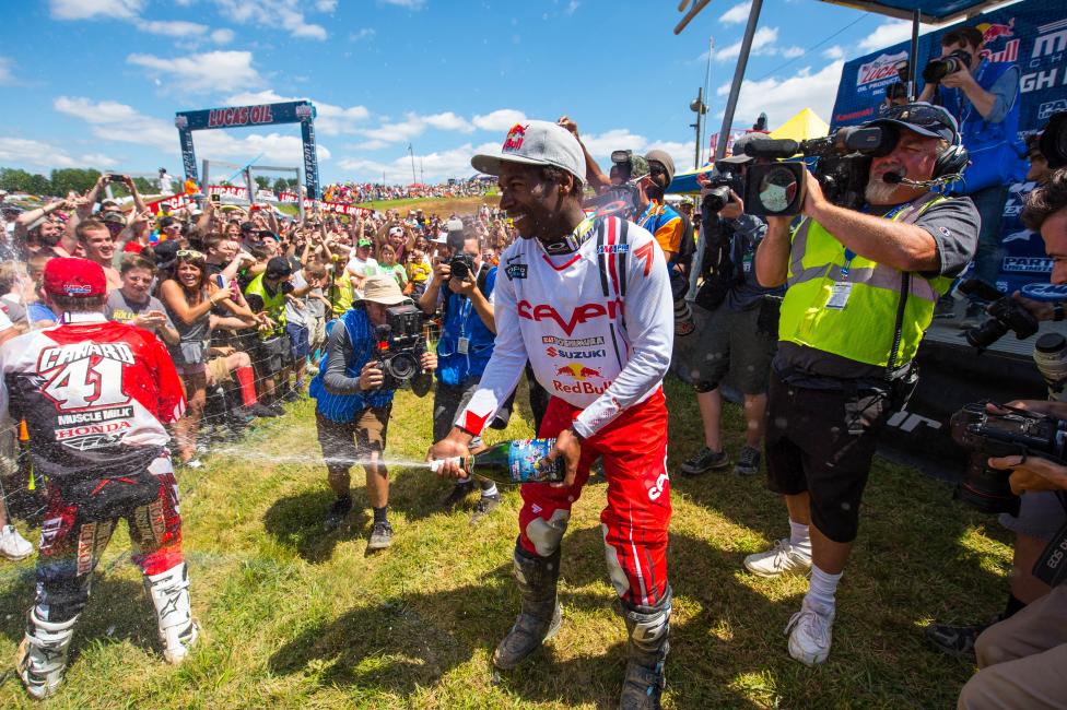 Stewart celebrates with the fans at High Point.  