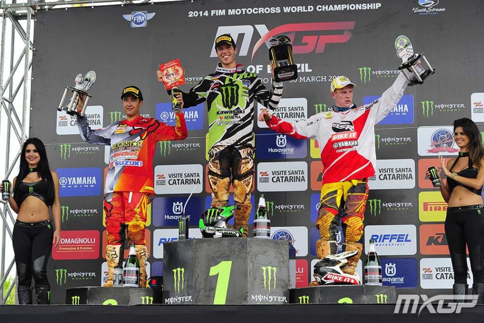 Tonus (center) won a GP and led the MX2 points early this season. Since Jeffrey Herlings returned from injury, he's been chasing the defending champ each week.