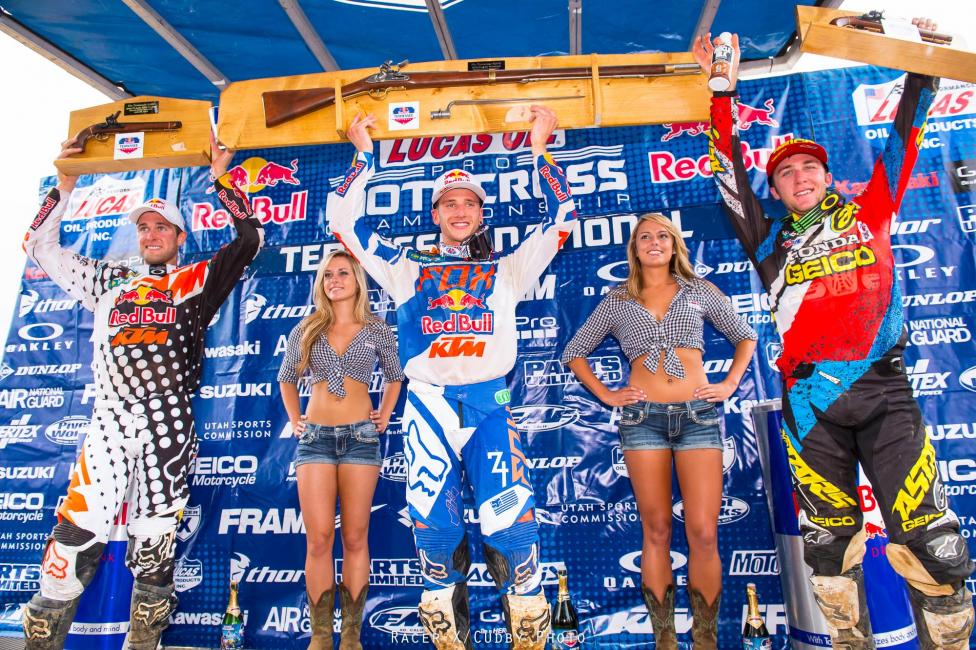 From left: Ryan Dungey, Ken Roczen and Eli Tomac on the 450 podium.  