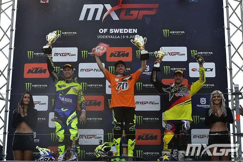 Van Horebeek (left) and Strijbos (right) would round out the MXGP podium. 