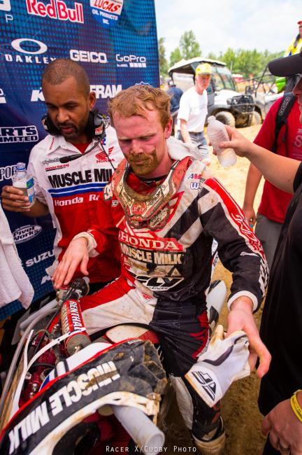 Trey Canard has probably been in more battles than any 450 rider this summer. He led some, fought some and went fast all day, but was one again just edged off the podium with fourth overall. 