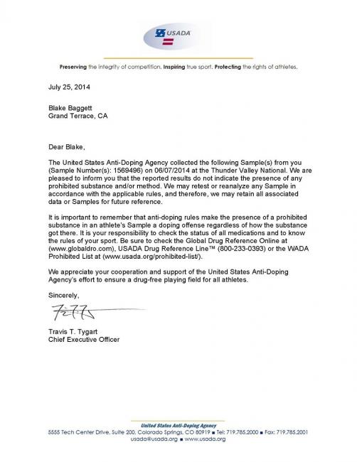 Someone posted Blake Baggett's USADA letter on VitalMX. All twelve riders tested at Thunder Valley probably received a letter similar to this. 