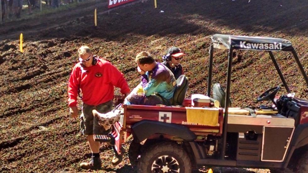 Although in obvious pain, Josh Grant still tossed his gloves to the crowd on his way back to the pits.                                                                                          Photo: Hansel