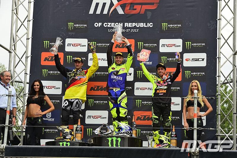 Jeremy Van Horebeek (center) captured his first career MXGP overall at Loket.  