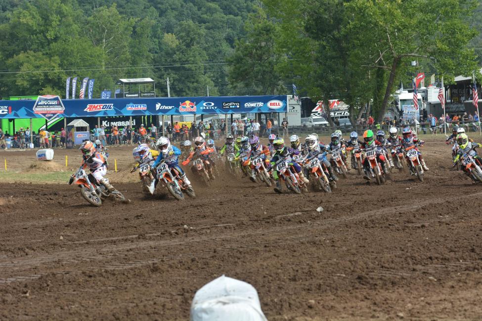 A 65cc start. The leader here is Josh Varize (24) who has won several motos already in his (7-11) and (10-11) classess.