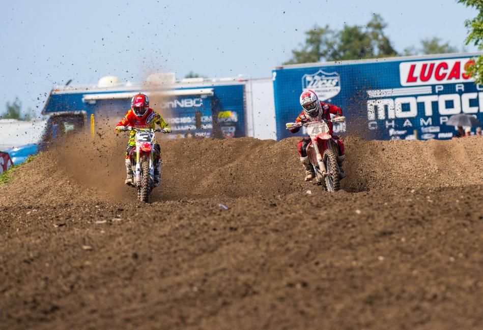 Canard (41) won a great battle to get the lead from Tomac at Unadilla. His second moto win was a breakthrough. Can he do it again?
