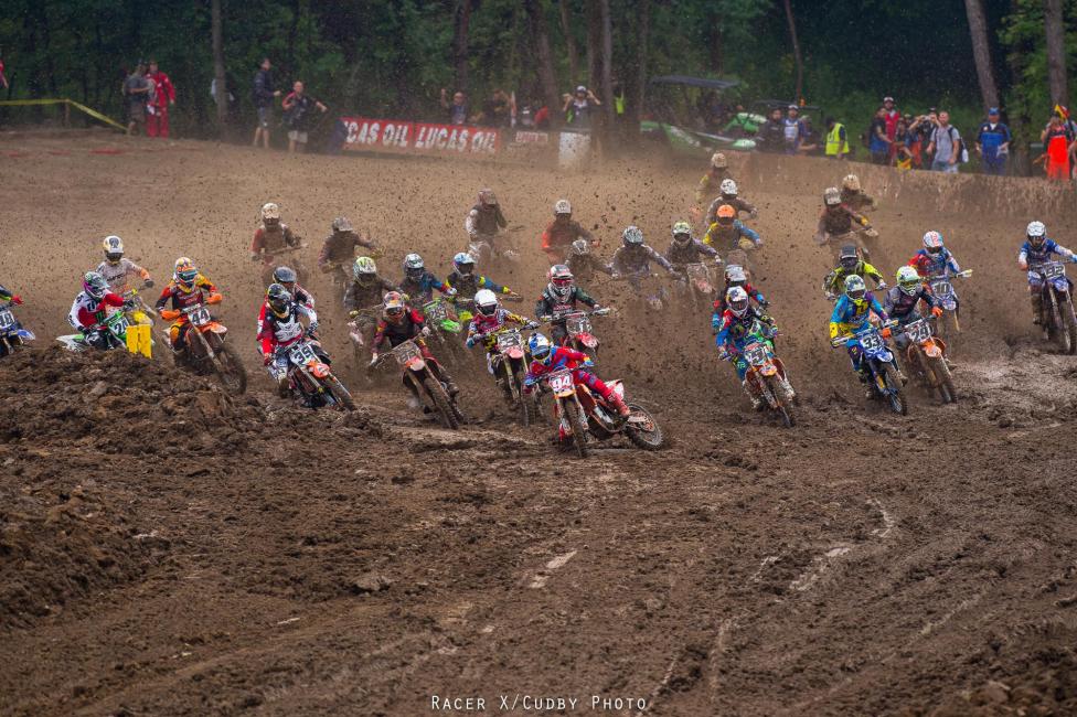 Roczen allllllmost threw it away off the start of the first 450 moto, but held on to grab the holeshot and get away. 