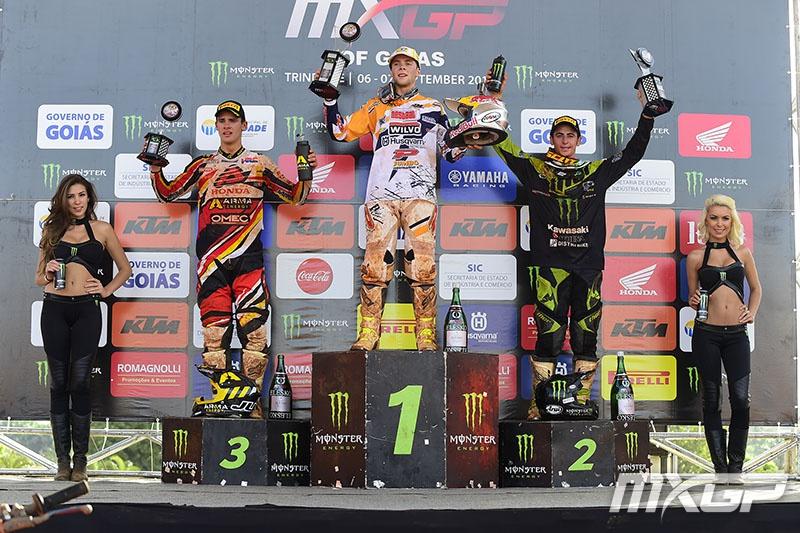 Romain Febvre (center) won his first career MX2 GP in Brazil.