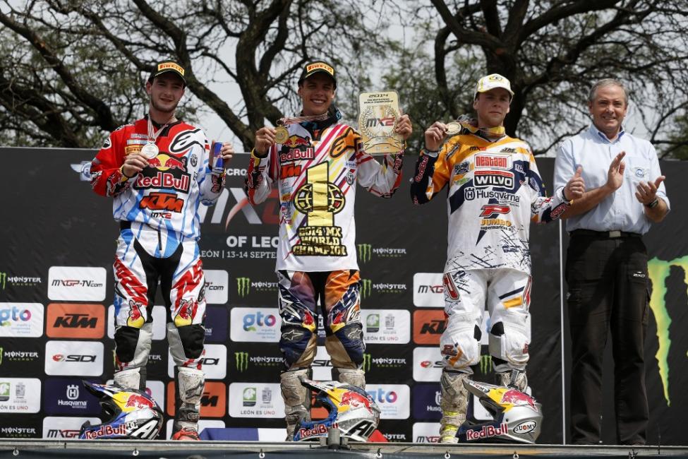 Tixier (middle) won his first MX2 title on Sunday. 