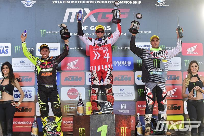 Nagl (center) won at the MXGP of Brazil, his first overall since 2010. 