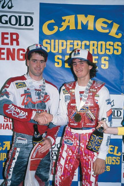 Jeff Stanton and Jean-Michel Bayle did a fantastic job...of pretending that they liked each other in this photo! Their rivalry was smoldering, but they pushed each other and boosted Honda's incredible SX domination streak.
