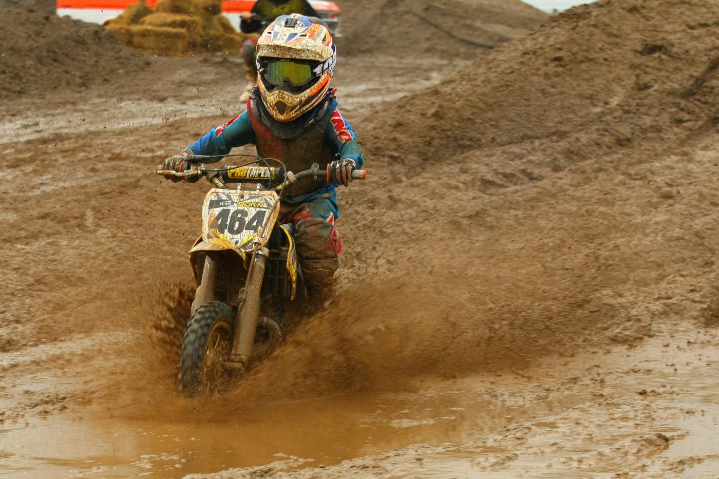Saturday’s rains were especially difficult for the youngest racers, but Kyle Born proved he could ride in all conditions on the way to winning the 50cc 4-6 class. 