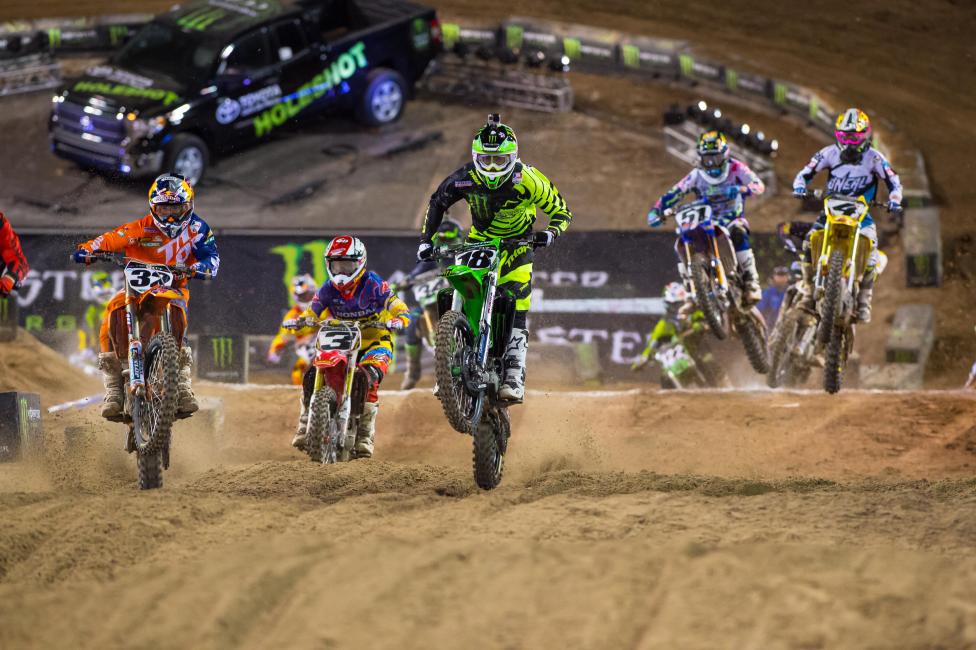 Same faces, new places. The Monster Energy Cup saw a plethora of debuts, including Davi Millsaps (18) on his Monster Energy Kawasaki, Justin Barcia (51) on Yamaha and Blake Baggett (4) on Suzuki.  