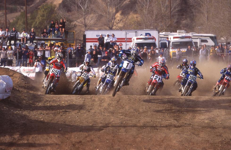 Jeremy McGrath leads Sebastien Tortelli (21) at one of the Chaparral Prequel races at Glen Helen 
