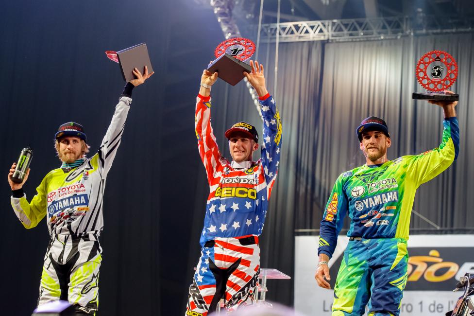The Sunday podium, with Barcia and Peick (of team beard) flanking Tomac.