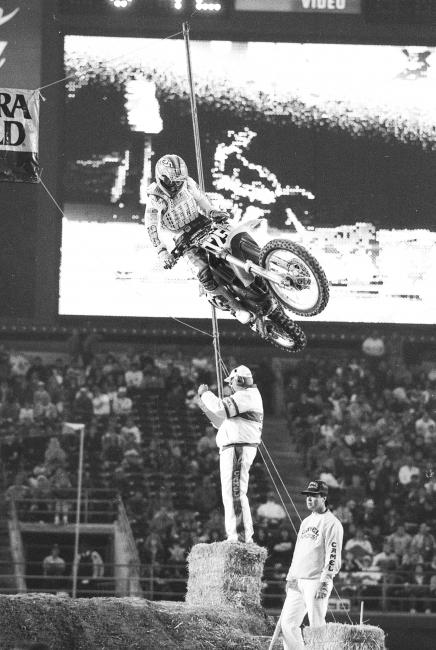 That’s Jeremy McGrath riding a Team Green Kawasaki back in 1990 in the 125 West Region Supercross.
