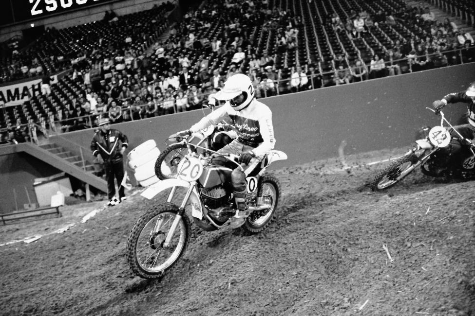 Kenny Zahrt, piloting his Bultaco, at the 1975 Dallas Supercross. Godspeed, Kenny. 