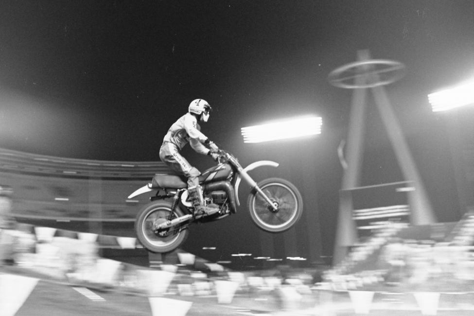 Though the 1976 Anaheim Supercross did not count in the AMA points standings, Kawasaki’s Jimmy Weinert, already crowned champion, participated anyway. The next year it would be part of the series.