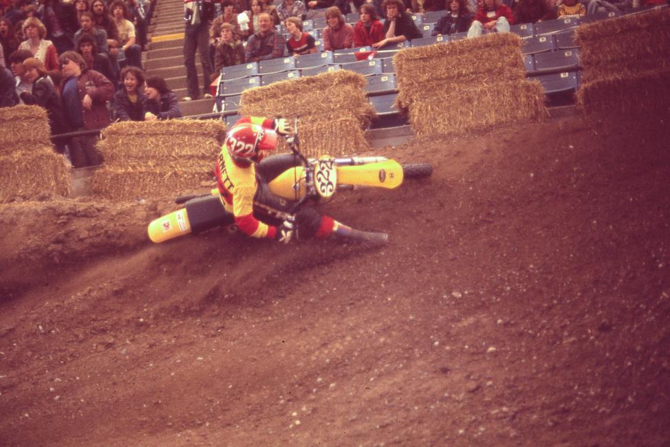 Check out the hard-charging style of young rookie Mark Barnett, riding a Fox Racing-backed Suzuki in his 1977.