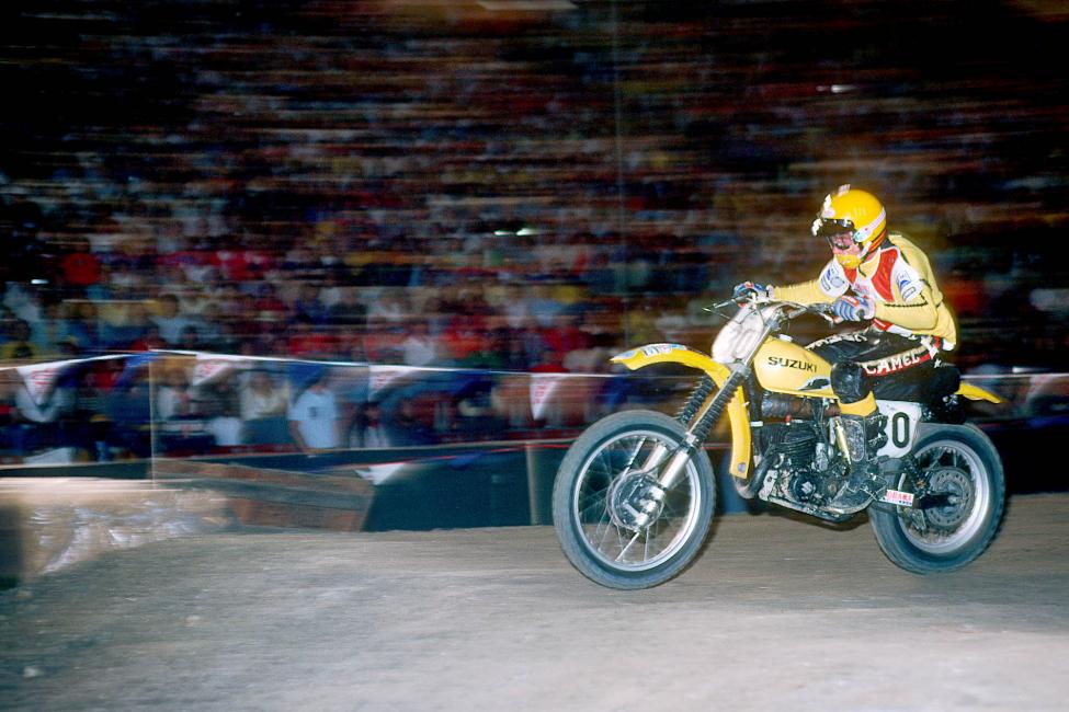 Check out the sweet Suzuki that Roger DeCoster raced in the 1977 Superbowl of Motocross at the Los Angeles Coliseum.