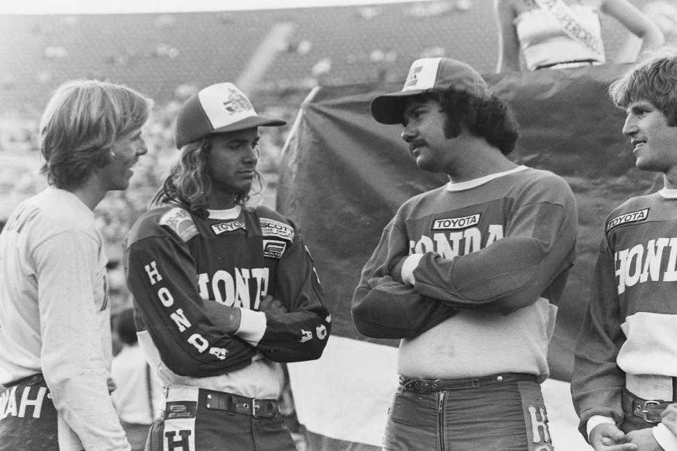 Bob Hannah, Marty Smith, and Marty Tripes chat before the Los Angeles Coliseum race in June.