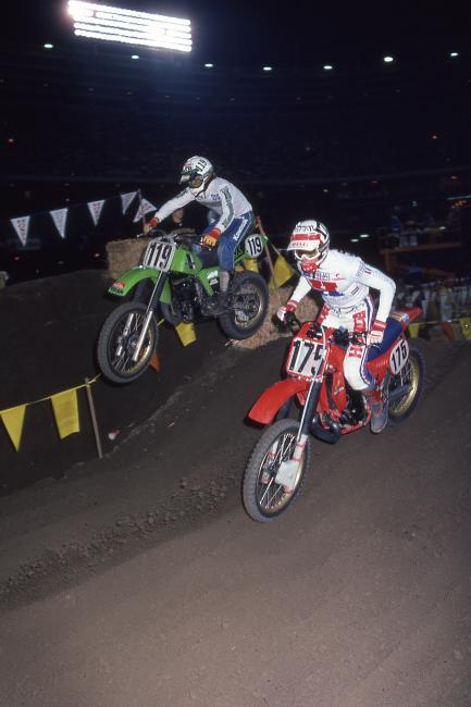 Honda Support rider Brian Myerscough (175) and Kawasaki’s Billy Liles (119) in 1982.