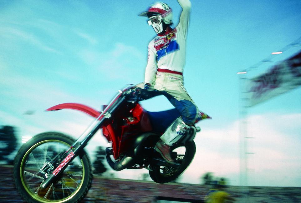 Look very closely at the twenty-five-second mark of the Rose Bowl video and you will see this iconic moment of Danny “Magoo” Chandler’s “rodeo whip” over the finish-line jump.