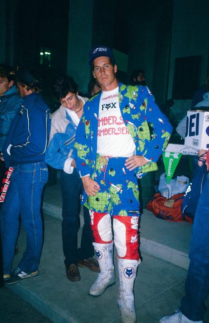 Ricky Johnson shows off the Life’s A Beach board shorts he wore over his race pants for his qualifier at the Rodil Cup.
