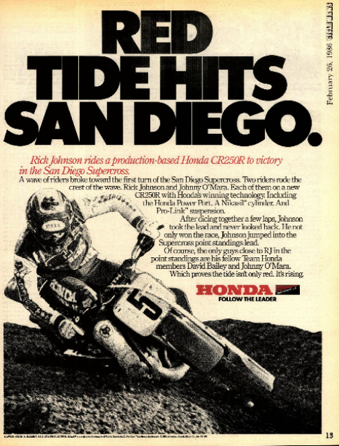 Check out the red line: “Johnson rides a production-based CR250R to victory…