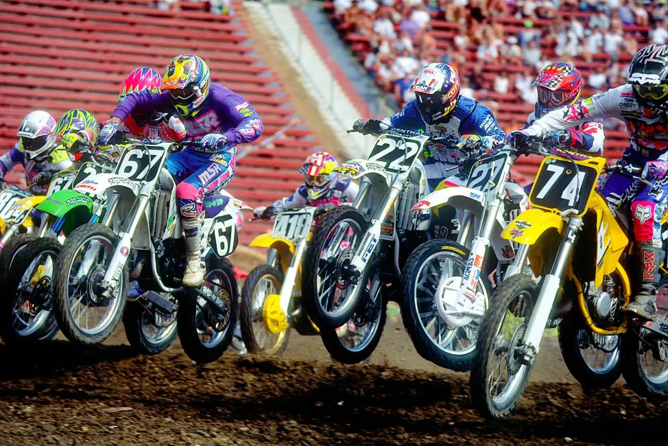 The 125 class at Los Angeles includes Jeff Pestana (67), Buddy Antunez (22), and Chris Neal (74). Jeremy McGrath would win the race and the title again.
