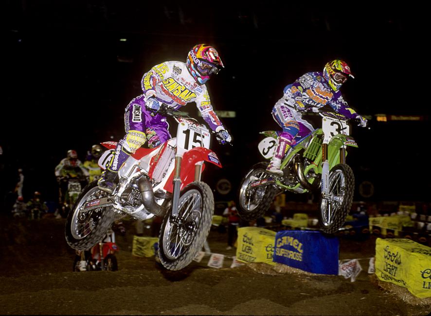 McGrath (15) battles with Kawasaki’s Mike Kiedrowski, who would win two rounds in 1993 and finish second in the final points.