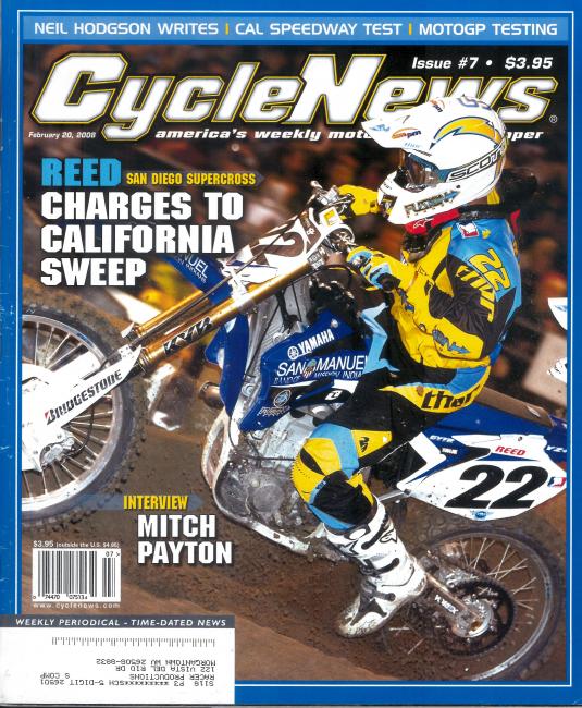 Reed earned all five first-place trophies—and three Cycle News covers—with his win at San Diego, during which he wore a Chargers’ helmet.