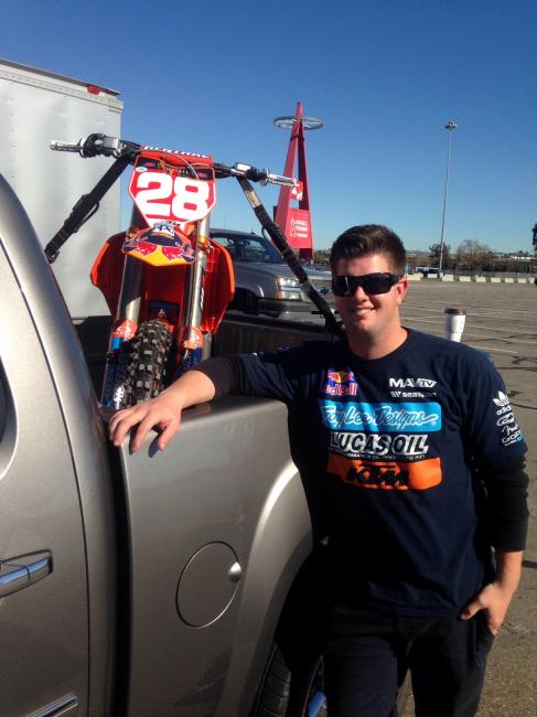 TLD team manager Tyler Keefe with Nelson's bike at A2 press day. 