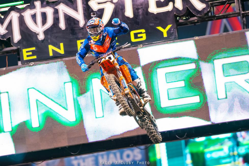 Shane McElrath won his heat and could be on the cusp of making some main event waves. It wouldn't happen tonight though; McElrath went down after Josh Hansen sent him into some Tuff Blocks. Hansen said it was retaliation for a similar move at Anaheim 1.