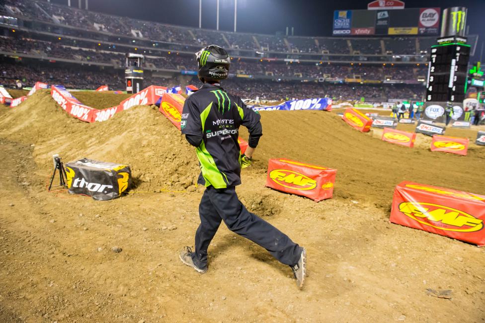 Most of the crew members spend the races on the track, running to protect riders if they go down. 