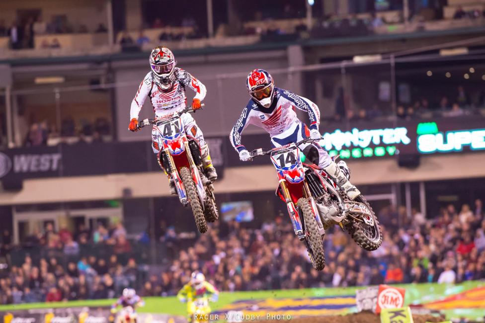 The Honda boys were on Dungey early before a few mistakes let him get away. Canard was pressing his teammate until he fell in the sand.