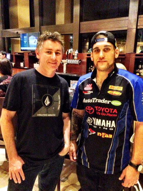 Speaking of JGR, we ran into AutoTrader.com/Toyota/JGR Yamaha’s Weston Peick at Anaheim 3, and grabbed a photo of him with John Wright, here to watch all the way from Australia.
