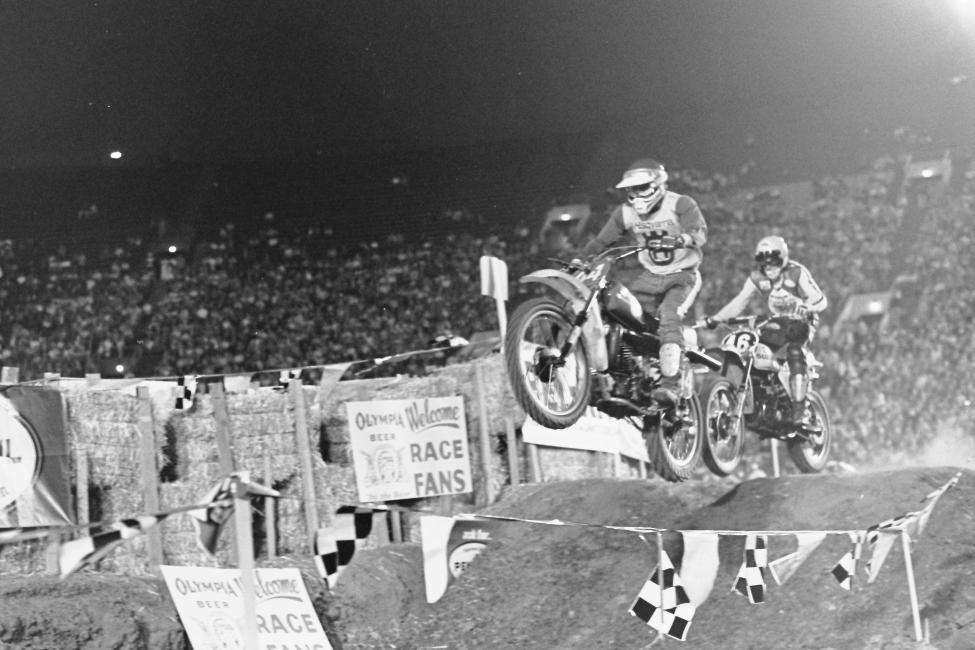 Heikki Mikkola leads Roger DeCoster at the 1975 Superbowl of Motocross at the Los Angeles Coliseum.