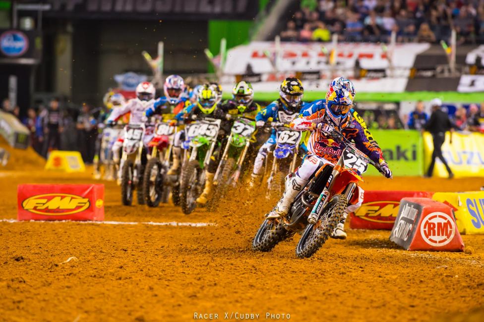 A red flag part way through the 250 main event led to this rare staggered resart on the front straight. Musquin started in the lead and kept it to the end.